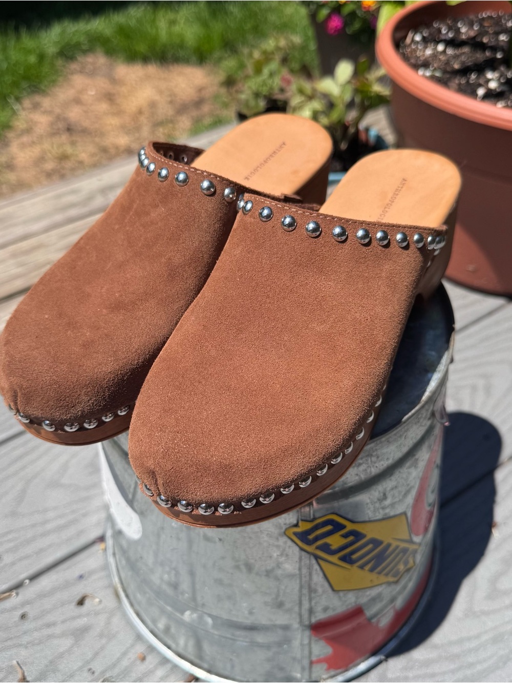 Anthropologie Suede Studded Wood-Bottom Clogs 8.5 - Picture 3 of 6